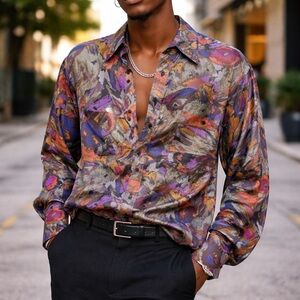 Gratify, Men Large, 100% Silk Long Sleeve Button Shirt 90s Vintage Y2K Abstract